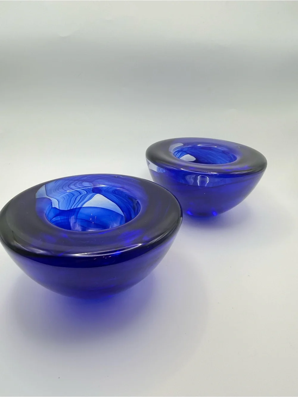 Pair Kosta Boda Atoll Cobalt Blue Glass Votive Holders Anna Ehrner Sweden 69727